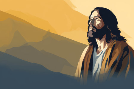 jesus is standing in front of a mountain rangeの素材