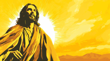 jesus is standing in front of a yellow backgroundの素材