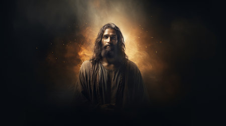 jesus is standing in front of a dark backgroundの素材