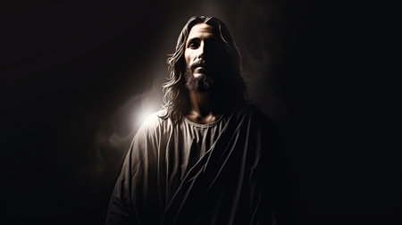jesus is standing in front of a dark backgroundの素材