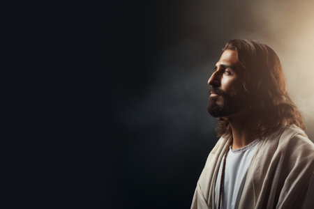 jesus is standing in front of a dark backgroundの素材