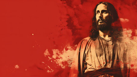 jesus is standing in front of a red backgroundの素材