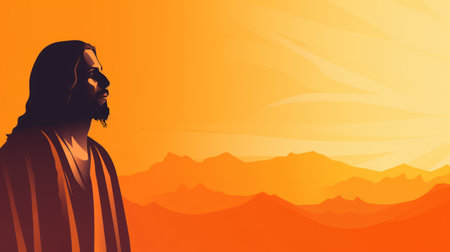 jesus is standing in front of a mountain range with the sun in the backgroundの素材