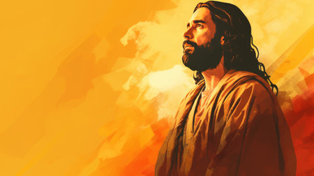 jesus is standing in front of an orange backgroundの素材
