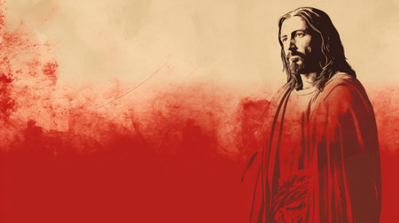 jesus is standing in front of a red backgroundの素材
