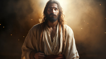 jesus is standing in front of a dark backgroundの素材