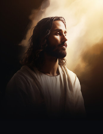 jesus is standing in front of a dark backgroundの素材