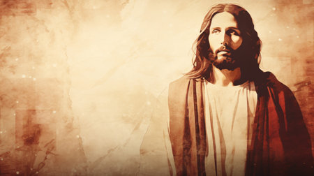 jesus is standing in front of a brown backgroundの素材
