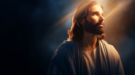 jesus is standing in front of a dark backgroundの素材