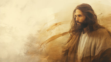 jesus is standing in front of a brown backgroundの素材