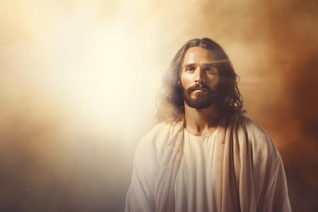 jesus is standing in front of a bright lightの素材