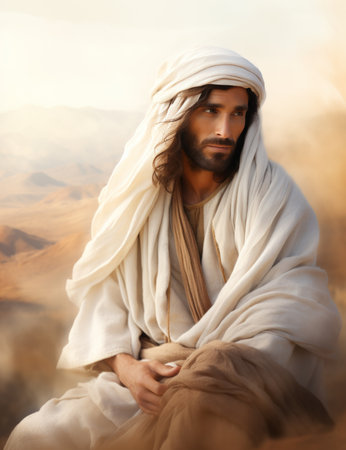 jesus is sitting in the desert with his hands on his kneesの素材
