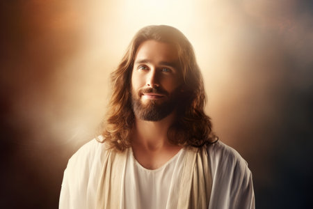 jesus is smiling in front of a bright lightの素材