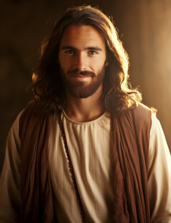 jesus is smiling in front of a lightの素材