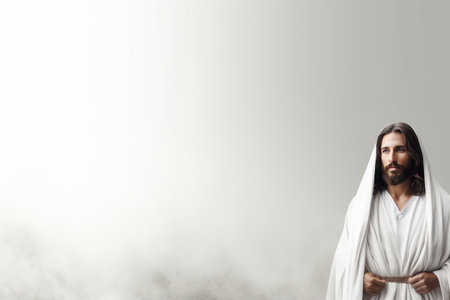 jesus in white robe standing in front of a foggy backgroundの素材