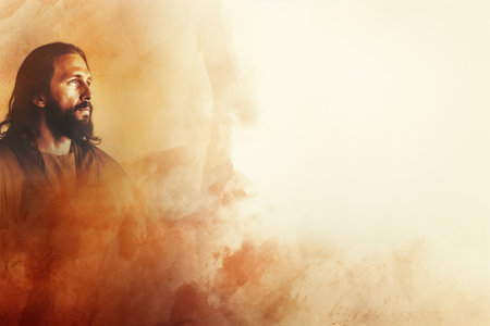jesus is standing in front of an orange backgroundの素材