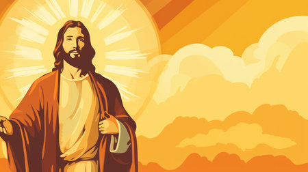 jesus is standing in front of an orange sky with clouds in the backgroundの素材
