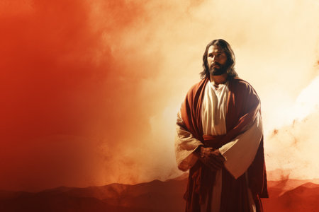 jesus is standing in front of an orange skyの素材