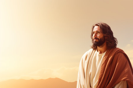 jesus is standing in the middle of the desert with mountains in the backgroundの素材