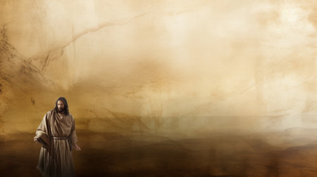 jesus is standing in the desert with his arms outstretchedの素材