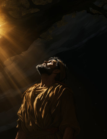 jesus looking up at the sun from under a treeの素材
