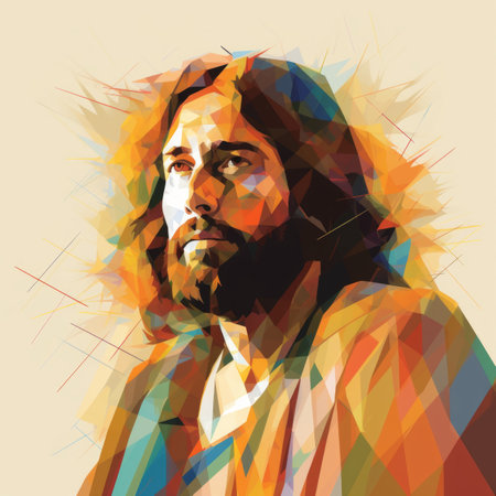 jesus portrait in low poly style on a beige backgroundの素材