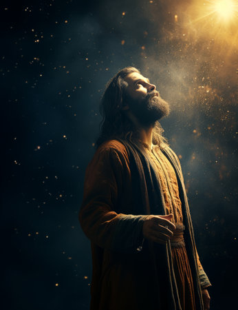 jesus looking up at the sun in the skyの素材