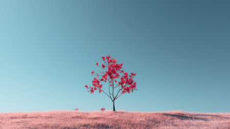 a lone red tree in the middle of a fieldの素材