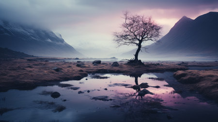 a lone tree in the middle of a field with mountains in the backgroundの素材