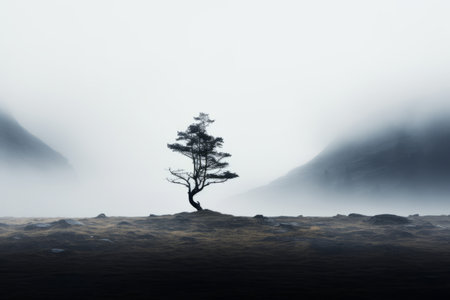 a lone tree in the middle of a foggy valleyの素材