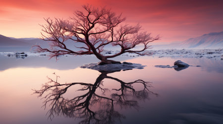 a lone tree in the middle of a lake at sunsetの素材