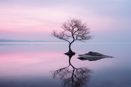 a lone tree in the middle of a lake at sunsetの素材