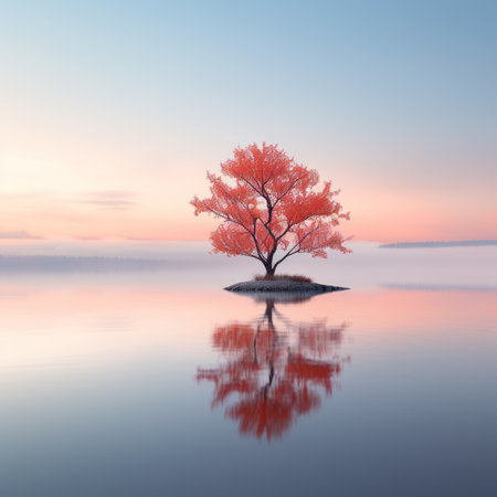 a lone tree in the middle of a lake at sunsetの素材