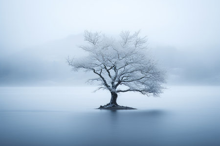 a lone tree in the middle of a lake on a foggy dayの素材