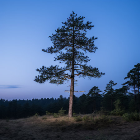 a lone tree in the middle of a field at duskの素材
