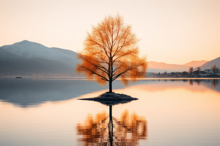 a lone tree in the middle of a lake at sunsetの素材
