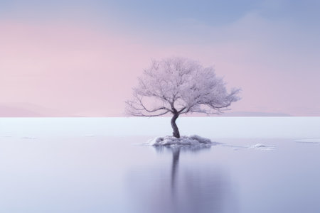 a lone tree in the middle of a frozen lakeの素材