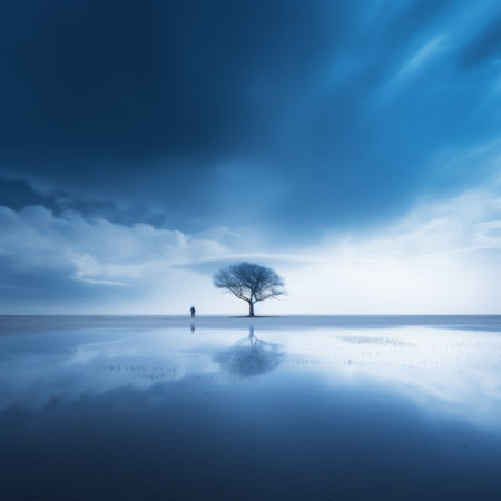 a lone tree in the middle of a lake under a cloudy skyの素材