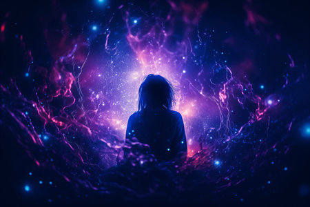 a person sitting in the middle of a purple and blue nebulaの素材