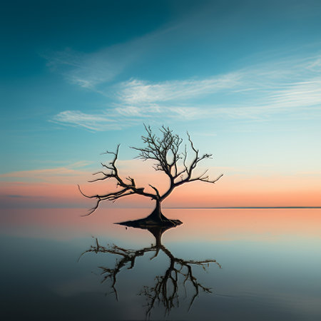 a lone tree in the middle of a lake at sunsetの素材