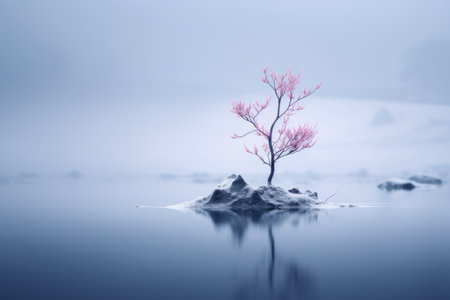 a lone tree in the middle of a lake in the fogの素材