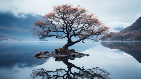 a lone tree in the middle of a lake with mountains in the backgroundの素材