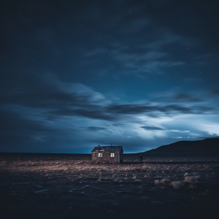 a small house in the middle of a desert at nightの素材