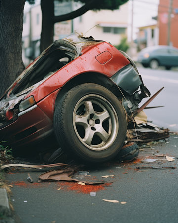 a red car is sitting on the side of the roadの素材