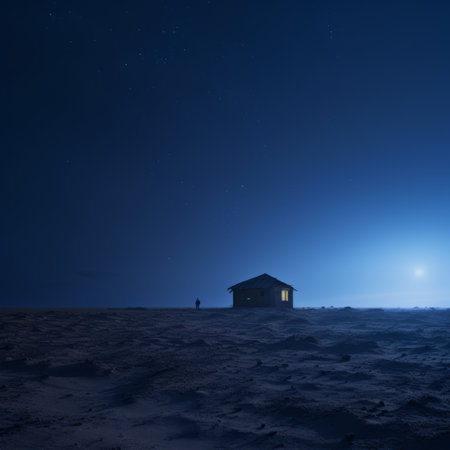 a small house in the middle of a desert at nightの素材