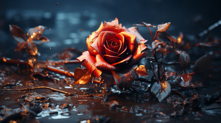 a red rose sitting on the ground in the darkの素材