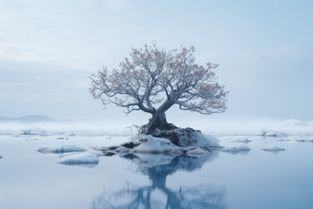 a lone tree in the middle of a frozen lakeの素材