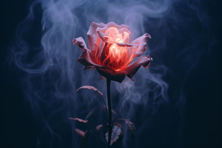 a red rose with smoke coming out of it on a dark backgroundの素材