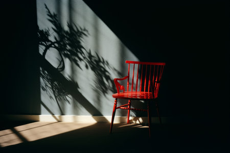 a red chair in front of a window with a shadow of a treeの素材