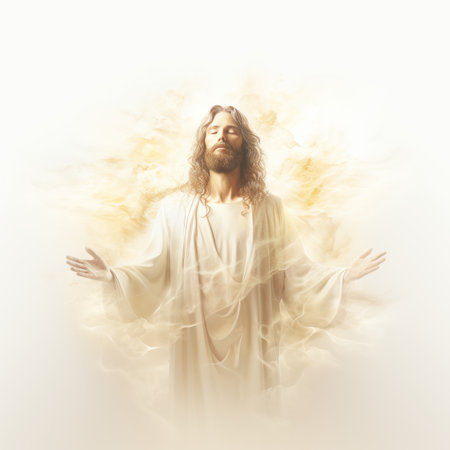 jesus in the clouds with his arms outstretchedの素材